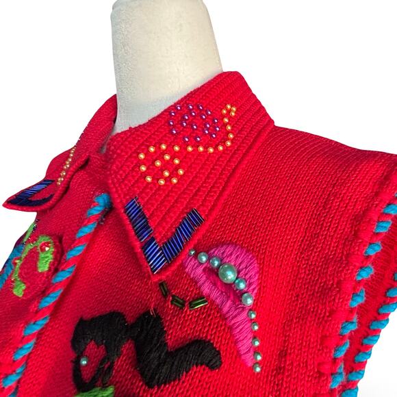 Michael Simon Bright Cherry Red Sleeveless Embroidered Cardigan Beaded Horse - Picture 4 of 16